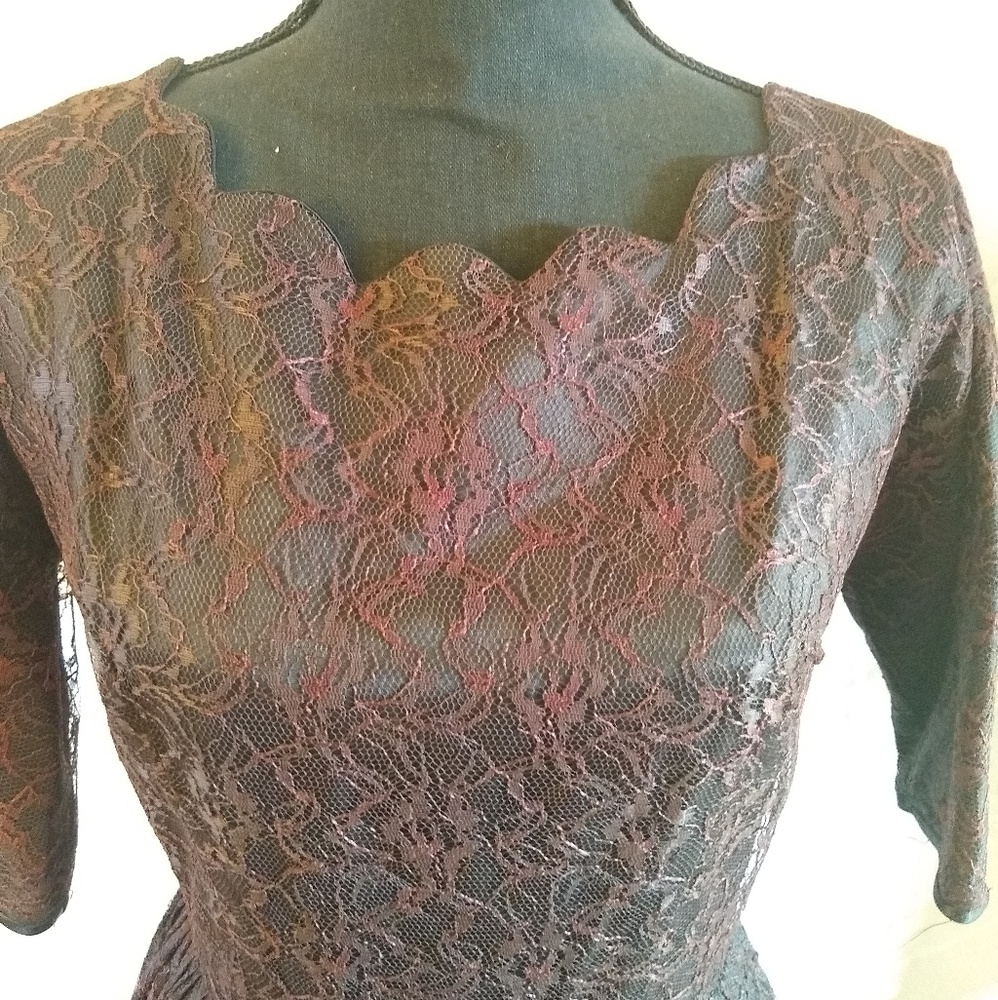 Vintage 1950s 50s Black Lace Midi Dress with Deep Plum Underlay Burgundy Scallop